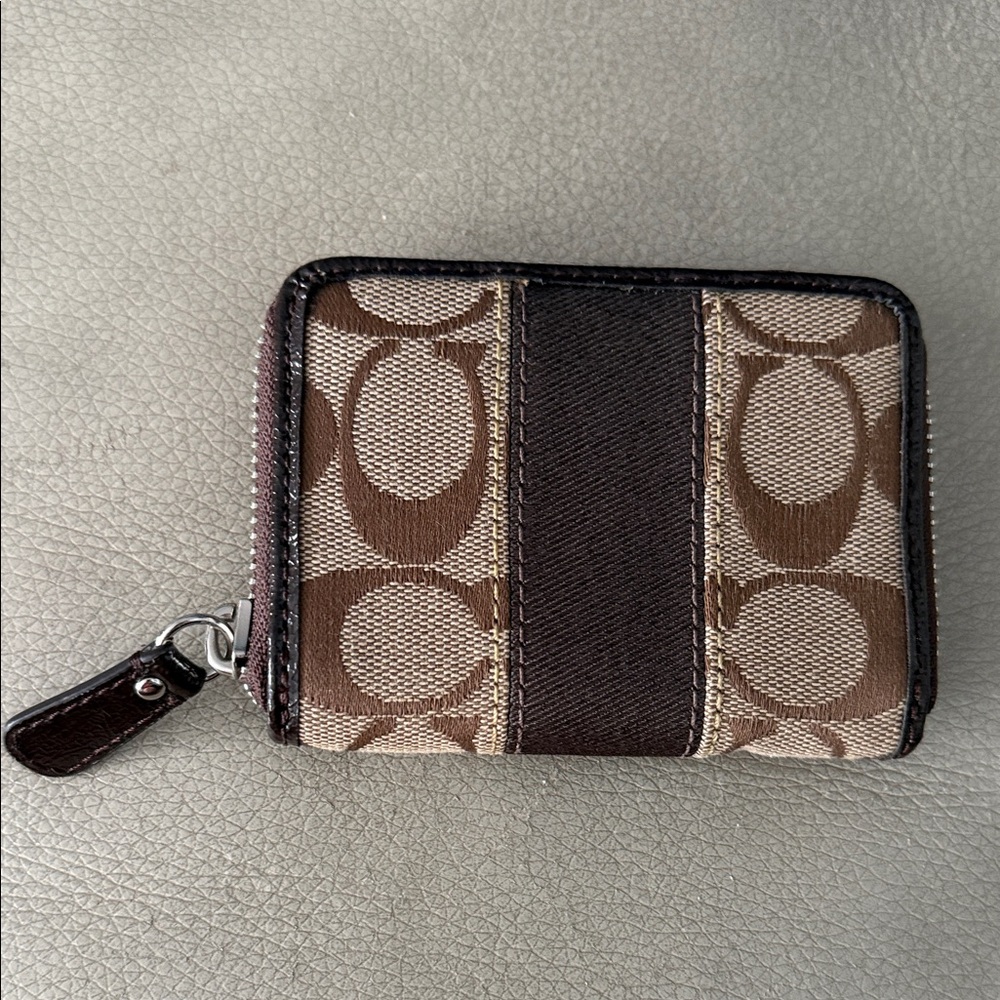 Coach Brown Signature Zip Card Case Wallet